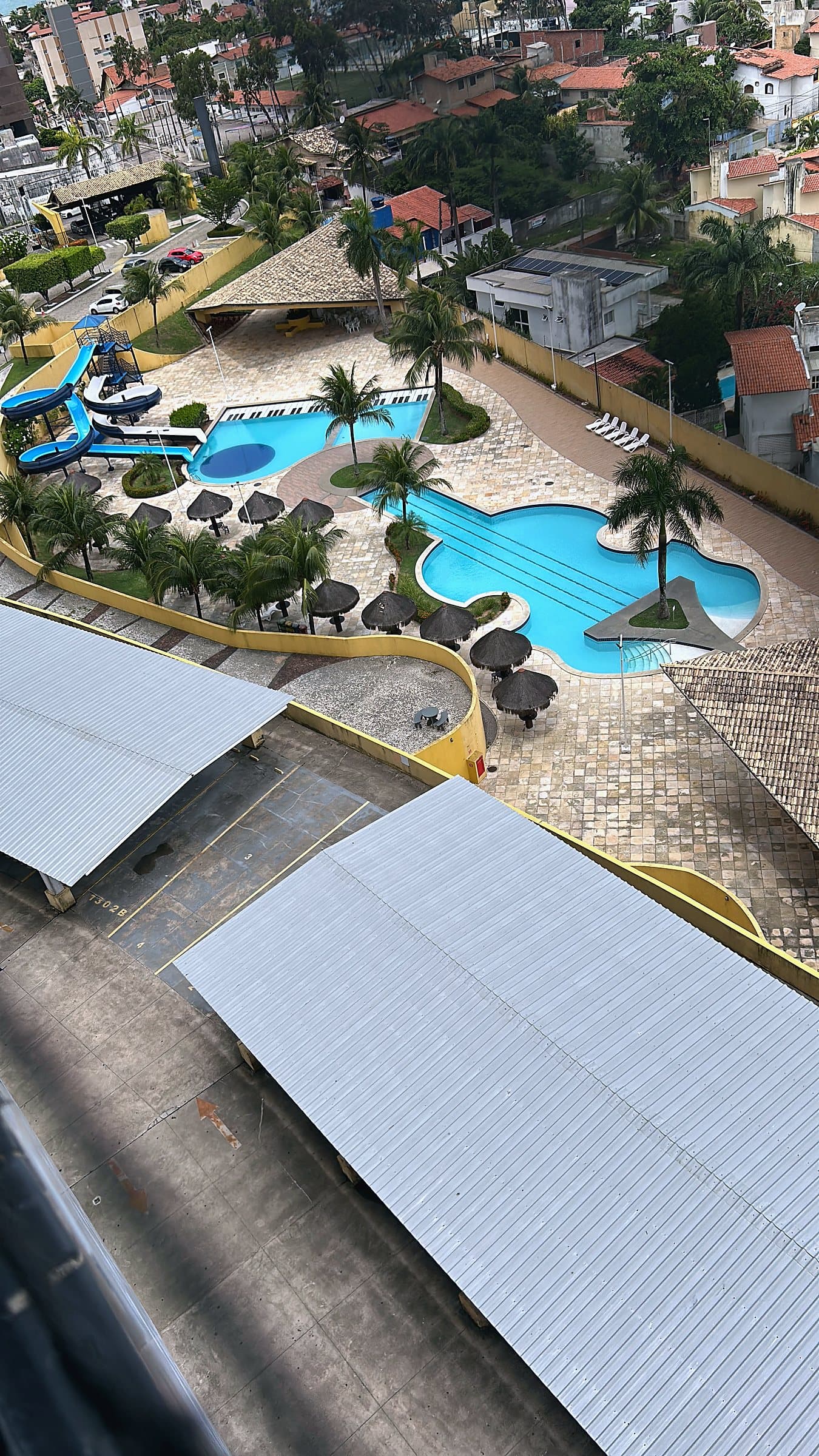 As piscinas vistas de cima: palmeiras, ombrelones e raia de natação